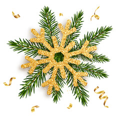 Golden snowflake on the branches of a fir tree with gold ribbons. Concept for greeting New Year and Christmas cards, banners, invitations