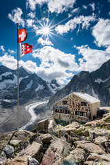 oberaletsch Mountain hut with Oberaletsch Glacier and the Swiss and Valais Flag