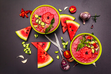 Watermelon gazpacho, traditional Spanish summer cold soup