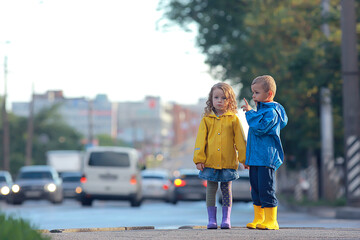 children cross the road / boy and girl small children in the city at the crossroads, car, transport