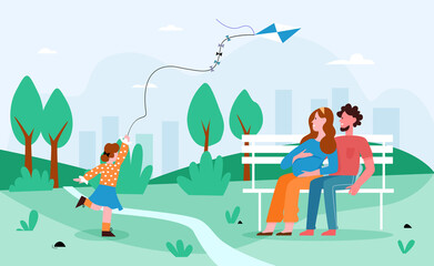 Family people in park vector illustration. Cartoon flat happy pregnant mother and father spend time together with girl kid in city park, child running with kite, summer outdoor activity background