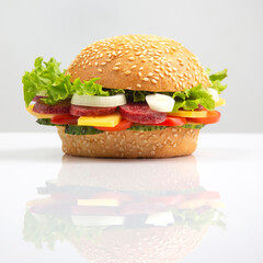 Hamburger with vegetables and sausage on a white background. Fast food and breakfast. Calories and diet.