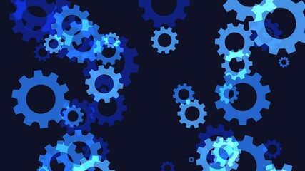 The blue gears are spinning. Blue background. Looped video footage.Flat-style animation.4K. HD