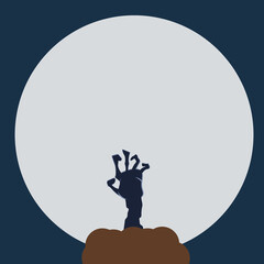 Zombie hand that crawls out of the ground against the background of the moon in halloween