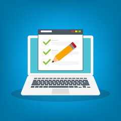 Check list document on laptop, laptop with paper check list and to do list with checkboxes, concept of survey, online quiz, completed things or done test, feedback. Flat vector illustration.
