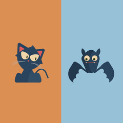 Halloween cat and bat are sitting and waiting for funny children