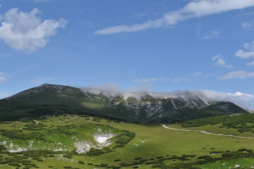 Fototapeta na wymiar Panorama Schneeberg mit grünen Almwiesen, Berg und kleinem Schneefeld, Wanderweg in den Bergen, Urlaub in den Alpen