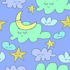 cute clouds, crescent moon and stars, seamless pattern