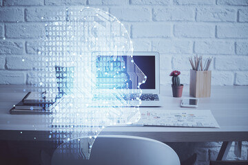 Multi exposure of work space with computer and human brain hologram. Brainstorm concept.