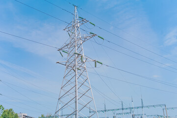 Pillar with electric wires against the sky.