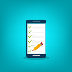 Check list document on smartphone, smartphone with paper check list and to do list with checkboxes, concept of survey, online quiz, completed things or done test, feedback. Flat vector illustration.