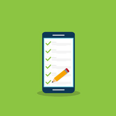 Check list document on smartphone, smartphone with paper check list and to do list with checkboxes, concept of survey, online quiz, completed things or done test, feedback. Flat vector illustration. - obrazy, fototapety, plakaty