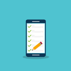 Check list document on smartphone, smartphone with paper check list and to do list with checkboxes, concept of survey, online quiz, completed things or done test, feedback. Flat vector illustration.