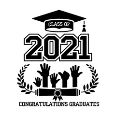 Class of 2021. The concept of design congratulations graduates of the school. Raised hands toss up the graduation caps. Can be used for greeting card, flyer, invitation, t-shirt print. Vector
