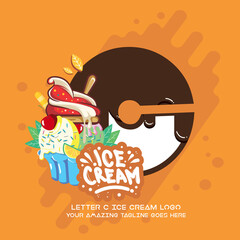 Letter C Delicious Chocolate Melting Ice Cream Cup Logo on Orange Background. Vector Flat Modern Style. Colorful Logo in Cartoon Style Illustration for Ice Cream Shop Café and Restaurant
