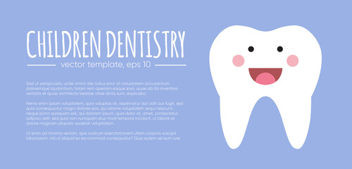 Vector concept for children dentistry. Tooth emblem and copy text space. Teeth cleaning. Dental care logo. Card, label, visit card, banner design template.