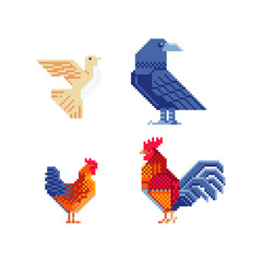 Birds, pigeon, crow, rooster and chicken. Pixel art set. Logo design. Stickers and embroidery design. Cartoon icon for children's mobile applications, book illustration. Game assets. Isolated vector.  © thepolovinkin