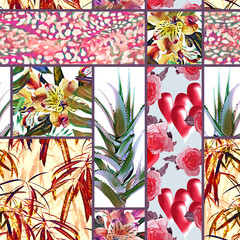 Patchwork 7+8 with aloe, leaves, hearts and fur. Seamless pattern