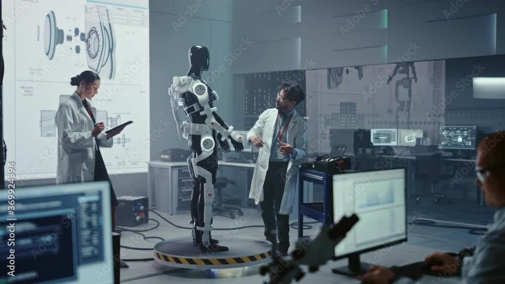 Aufkleber In Robotics Technology Development Laboratory Diverse Team of Engineers Work on a Bionics Exoskeleton Prototype. Scientists Design Powered Armor Suit to Help Disabled People and Hard Labor Workers