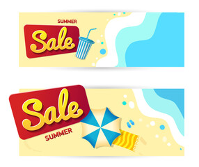 Summer Sale, Promotion banner Offer. Set horizontal Banner Sunny summer day. vector background template for summer beach vacation.
