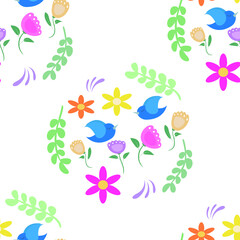 seamless pattern with cute birds and flowers, vector illustration
