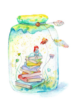 watercolor drawing in a bottle, girl with books