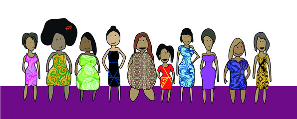 Diversity women of all races and shapes tall short tall fat skinny plus size women girls girl power Vector illustration