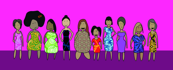 Diversity women of all races and shapes tall short tall fat skinny plus size women girls girl power Vector illustration