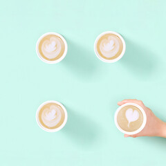 Pattern with take away coffee cappuccino art in Reusable eco thermo mug.