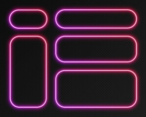 Neon gradient frames set, collection of purple-red glowing rounded rectangle borders isolated on a dark background. Colorful night banners, bright illuminated shapes, retro style vector light effect.