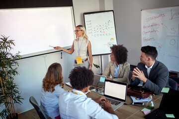 presentation by young  businesswoman to a team of businesspeople on whiteboard, copy space.
