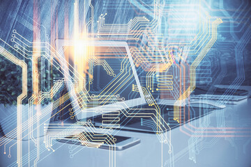 Multi exposure of table with computer and world map hologram. International data network concept.