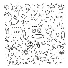 Hand drawn doodle vector isolated. Funny black outlined signs. Collection of sketches, decorative elements.