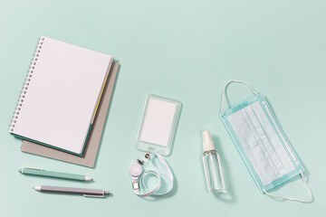 School accessories, new normal concept, face medical mask and hand sanitizer