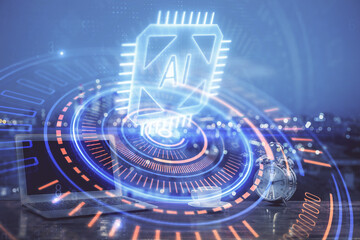 Multi exposure of computer on background and technology theme drawing. Concept of innovation.