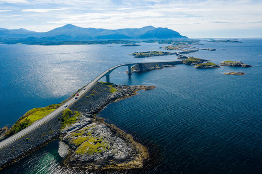 Cars crossing bridges on Atlanterhavsvegen, scenic coastal highway, west coast of Norway