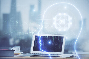 Double exposure of work table with computer and brain sketch hologram. Brainstorming concept.