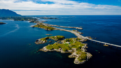 Cars crossing bridges on Atlanterhavsvegen, scenic coastal highway, west coast of Norway