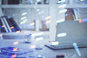 Technology theme drawing and work space with computer. Multi exposure. Concept of innovation.