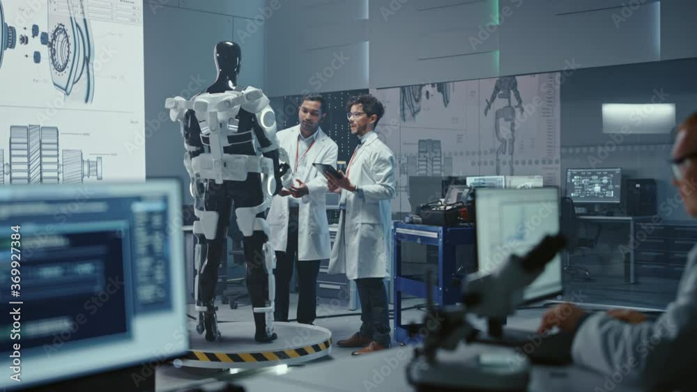 Fototapete in robotics development laboratory international team of engineers and scientists work on robotics e