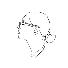 Stylish one continuous line woman in sunglasses. Fashionable typography girl in minimalist style. Beauty sign. Attractive fashion model. Summer fashion.