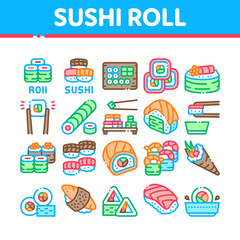 Fototapeta na wymiar Sushi Roll Asian Dish Collection Icons Set Vector. Sushi Roll Set Japanese Traditional Food Cooked From Rice And Fish, Shrimp And Cheese Concept Linear Pictograms. Color Contour Illustrations