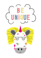 Cute vector print in scandinavian hand drawn style. Cartoon animal with inspirational quote. Doodle vector illustration for posters, baby birthday, cards, t-shirts. Colorful nordic kids print.