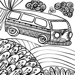 Bus for transporting people and goods delivery of goods with patterns and ornaments for the design of books and websites Antistress color therapy