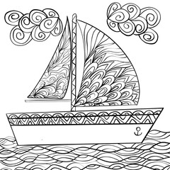 Ship on the waves with sails with patterns and ornaments for the design of books and websites antistress color therapy
