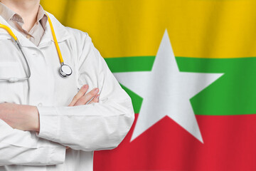 Republic of the Union of Myanmar healthcare concept with doctor on background. Medical insurance, work or study in the country.