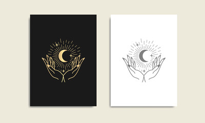 Moon, star and hand gold logo, spiritual guidance tarot reader Colorful gradient design. illustration.