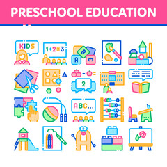 Preschool Education Collection Icons Set Vector. Preschool Educational Game And Lessons, Teacher And Kids, Painting And Count Concept Linear Pictograms. Color Contour Illustrations