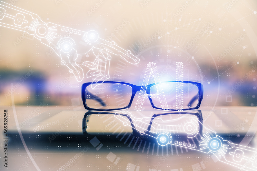 Aufkleber data tech hologram with glasses on the table background. concept of technology. double exposure.