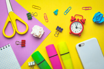 Back to school concept with stationery around on different backgrounds